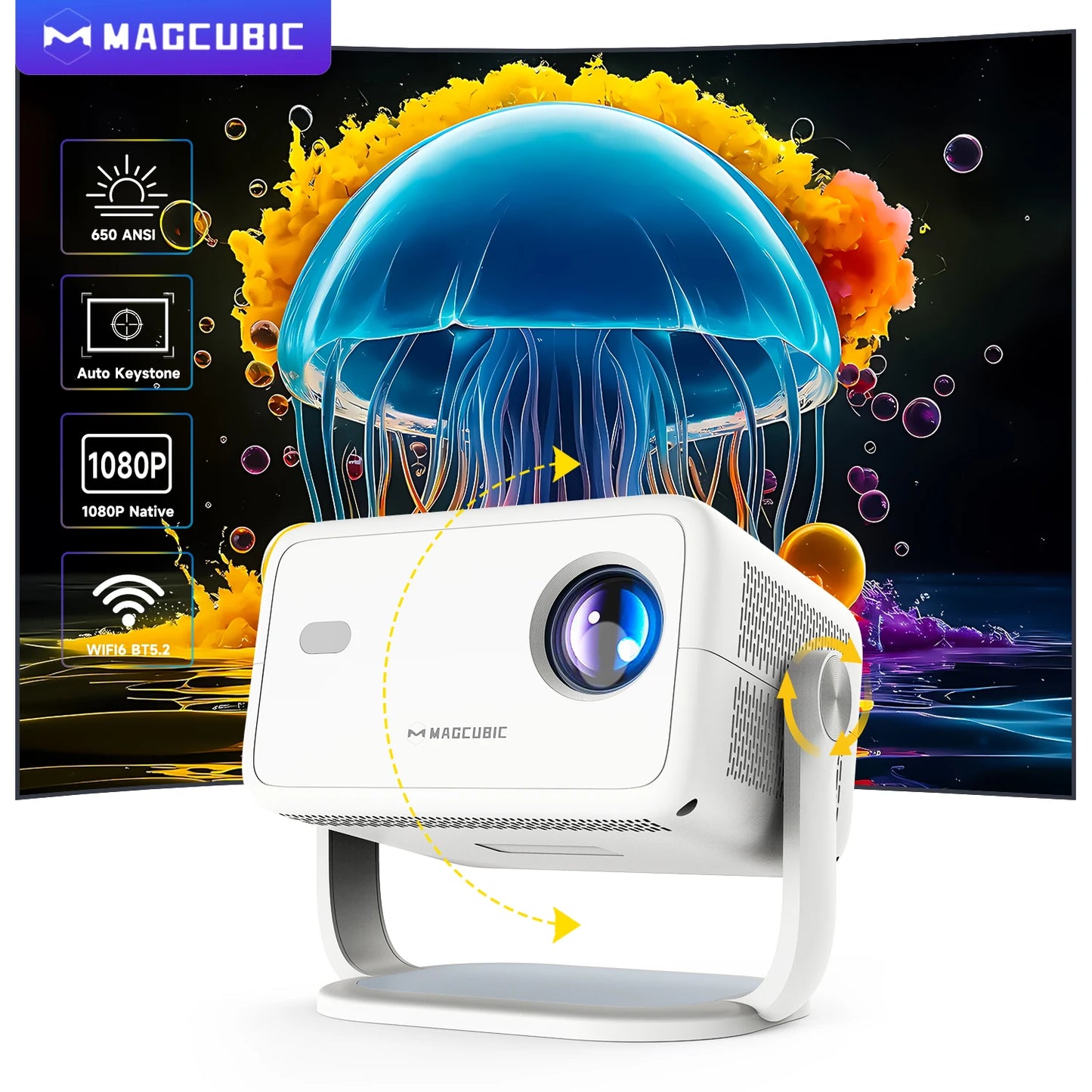 650ANSI L018 Projector Native 1080P Android 11 Auto Focus & Keystone 4K 360° Rotate Wifi6 BT5.2 Airmouse Home Theater